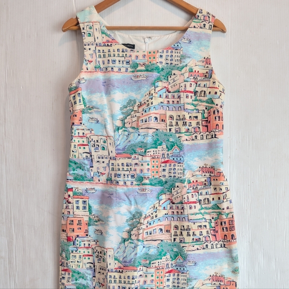 TALBOTS Multicolor Scenic Village Novelty Print Shift Dress Size 8 - Picture 4 of 10
